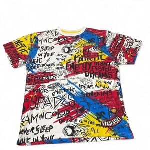 Multicoloured graffiti style graphic tee with bold designs